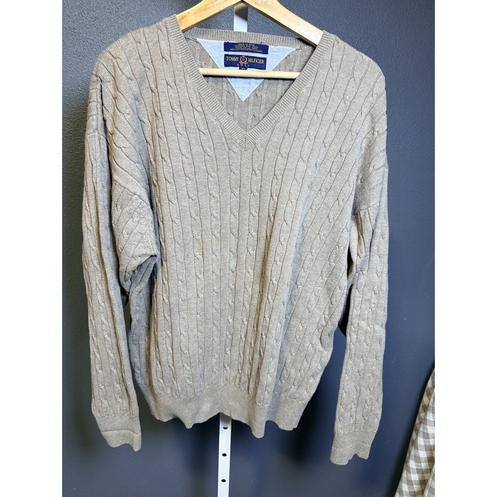 VINTAGE Tommy Hilfiger Golf Sweater Mens XL Brown Pullover Cable Knit